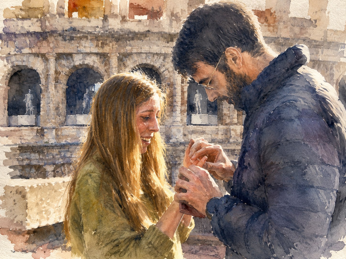 Álvaro poniendo el anillo a Paola en el Coliseo de Roma