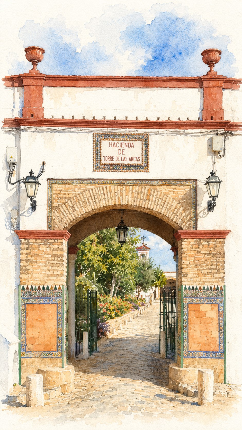 Acuarela de la entrada de Hacienda Torre de las Arcas