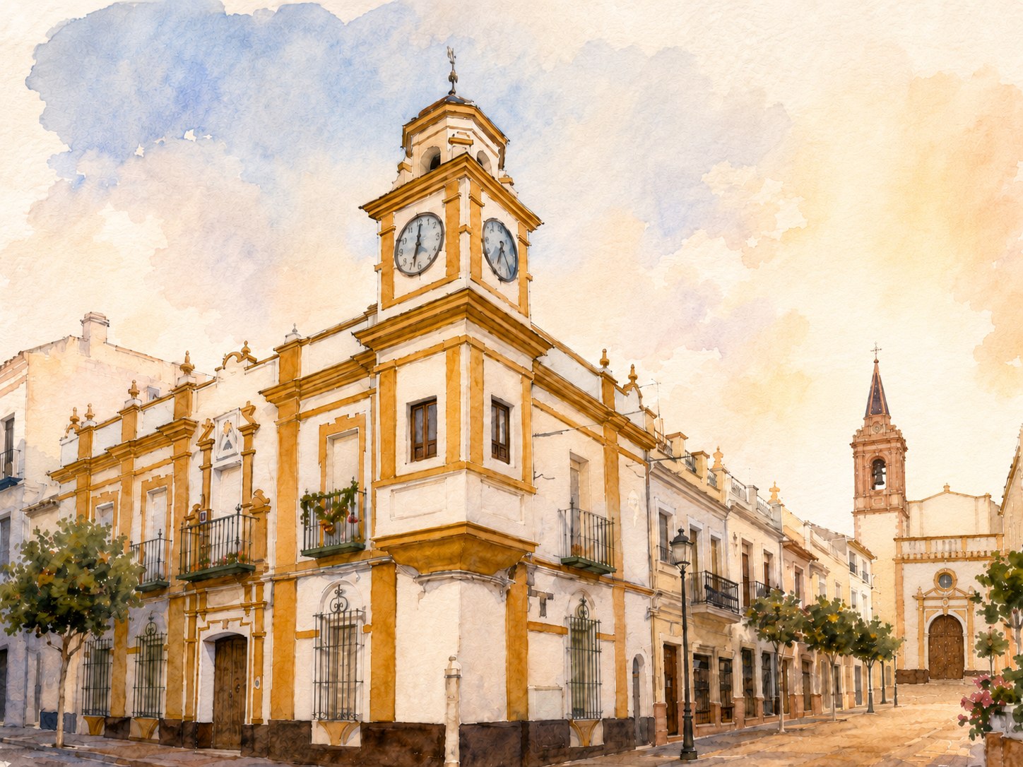 Acuarela de La Puebla del Río con la iglesia y la torre del reloj